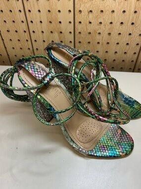 Strappy Snake-Print Heels in Green Multi